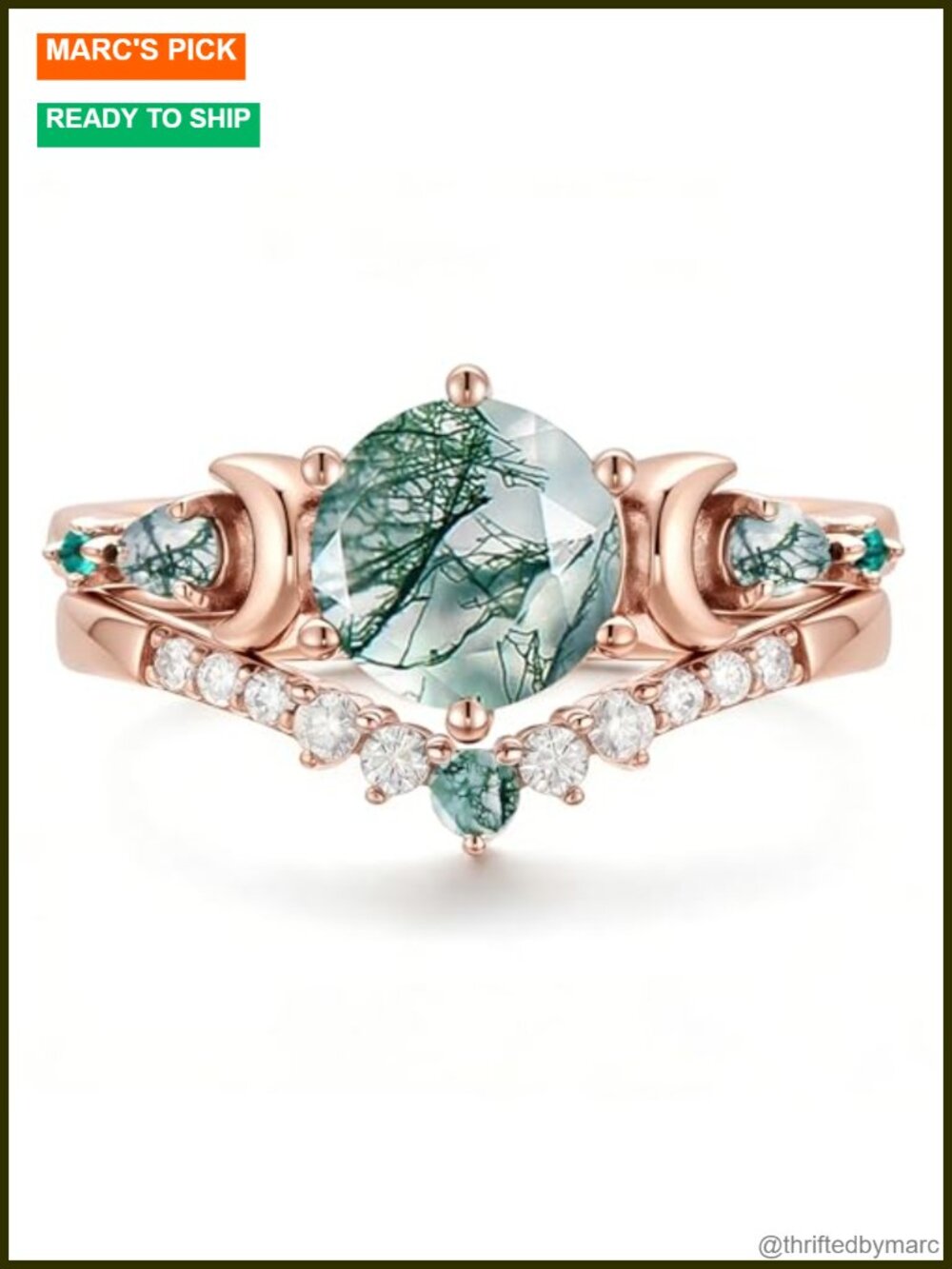 Natural Moss Agate 925 Sterling Silver Engagement Ring Set Bridal Moissanite